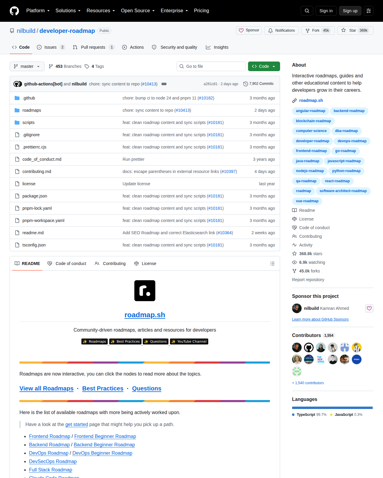 roadmap.sh 的 GitHub 儲存庫首頁頂部，顯示倉庫名稱 nilbuild/developer-roadmap、星標數、複製數、主要語言 TypeScript，以及右側的 Releases、Contributors 與 Languages 統計