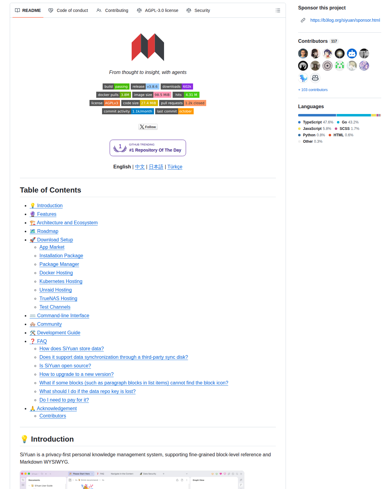 SiYuan 儲存庫 README 開頭，顯示專案標誌、標語「From thought to insight, with agents」、多語言切換連結，以及日榜第一的趨勢徽章
