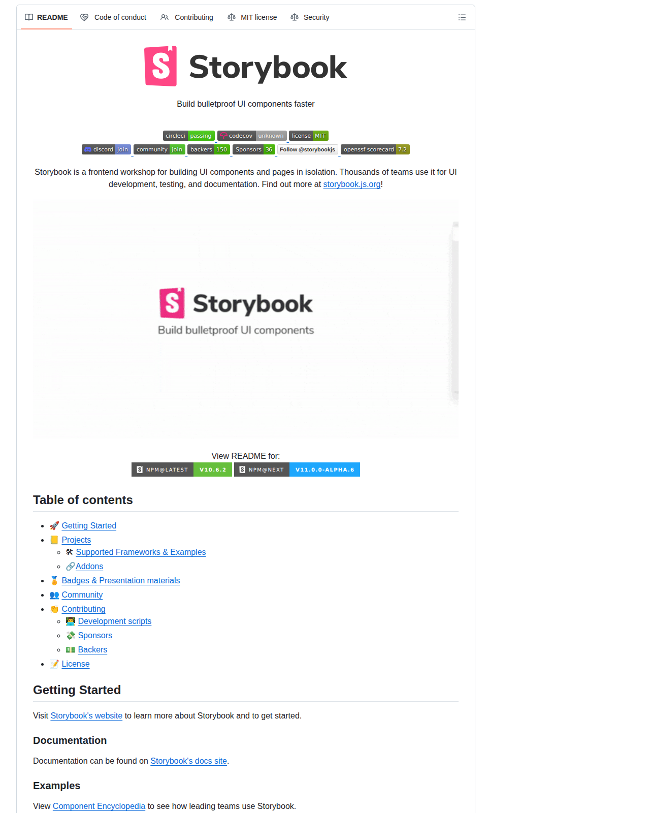 Storybook 儲存庫 README 開頭，顯示專案標誌與名稱，以及「Build bulletproof UI components faster」標語，下方為官方說明：Storybook 是前端工作坊，用於隔離環境中建置 UI 元件與頁面，數千個團隊用它進行 UI 開發、測試與文件撰寫