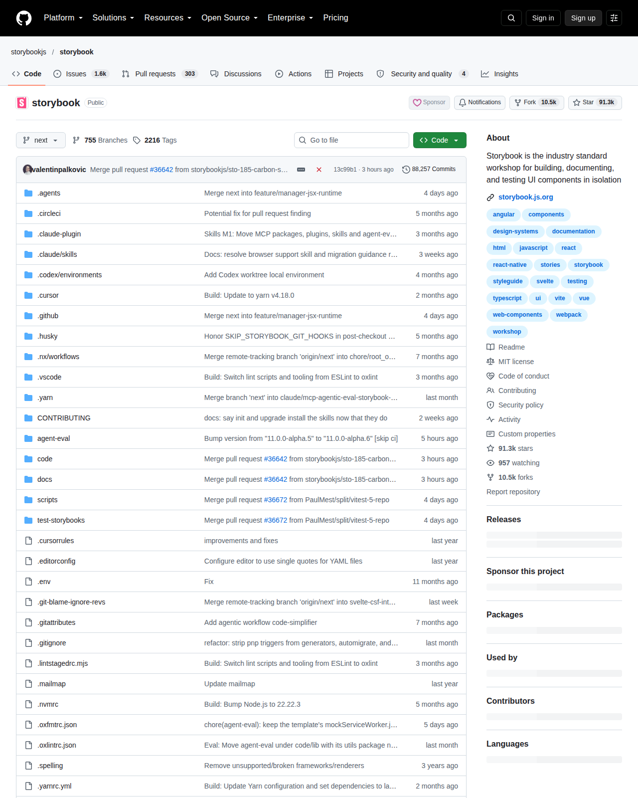 Storybook 儲存庫首頁頂部，顯示儲存庫路徑 storybookjs/storybook、星標數約 91.3k、複製數約 10.5k、分支與標籤數量，以及 repo 說明「Storybook is the industry standard workshop for building, documenting, and testing UI components in isolation」，主要語言標示為 TypeScript