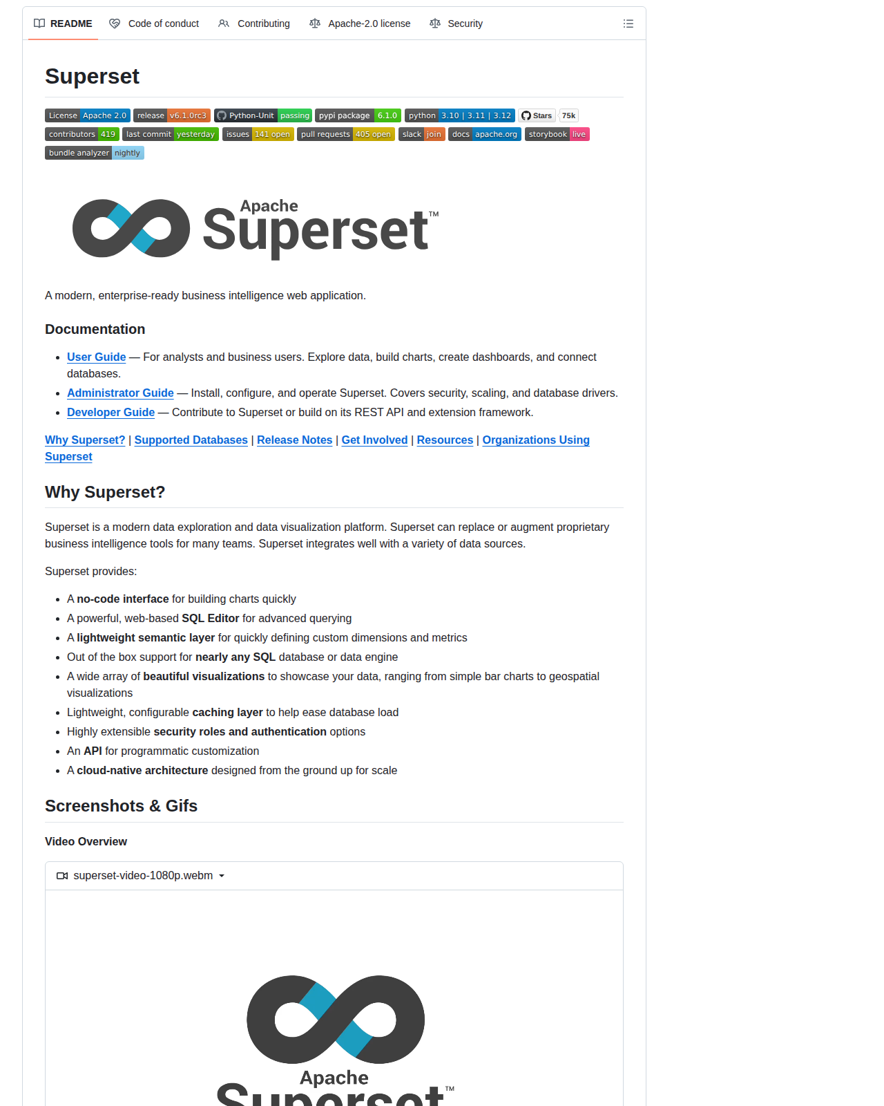 Apache Superset README 開頭（專案名稱、Apache 授權標章與「現代化、企業就緒的商業智慧網頁應用」定位說明）