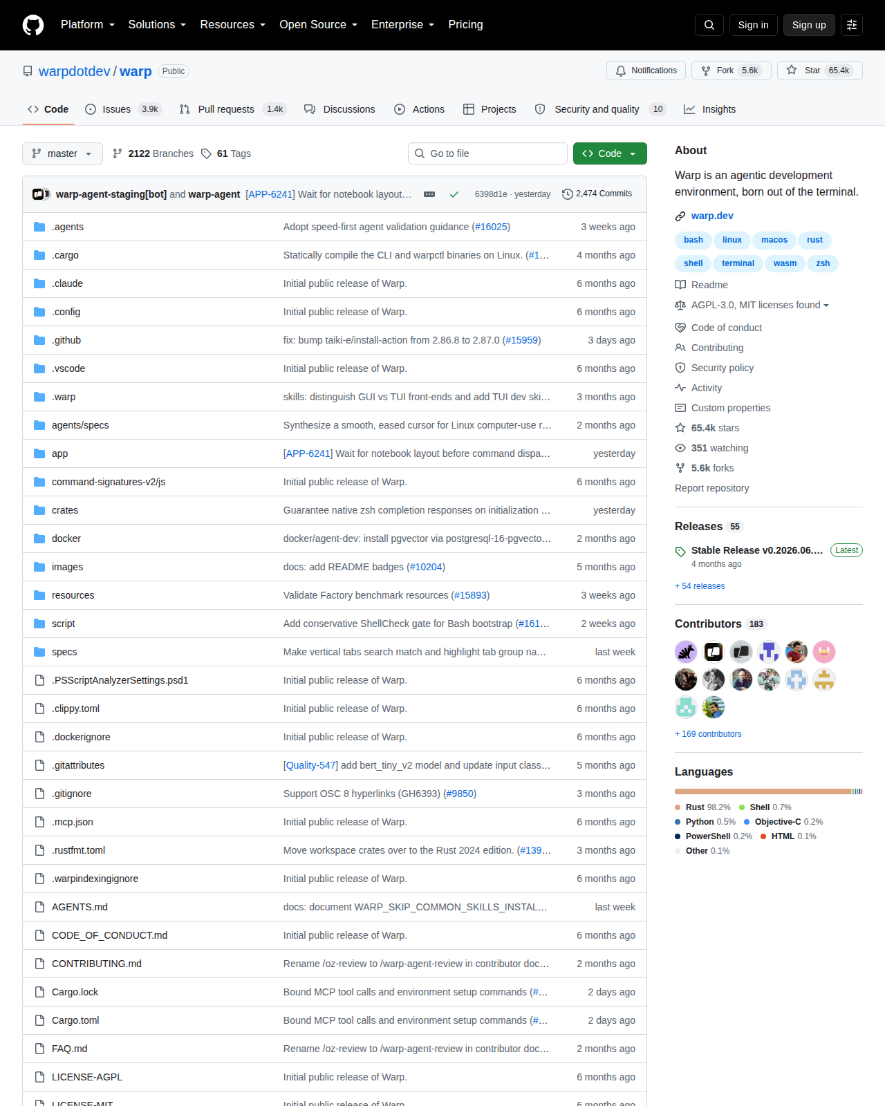 Warp 的 GitHub 儲存庫首頁頂部,顯示專案名稱 warpdotdev/warp、主要語言 Rust、星標數與近期提交歷史
